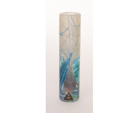 A small later 20th Century Isle of Wight glass vase of cylindrical form decorated in the Seascape pattern, engraved full Mich