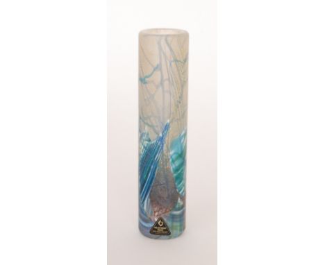 A small later 20th Century Isle of Wight glass vase of cylindrical form decorated in the Seascape pattern, engraved full Mich