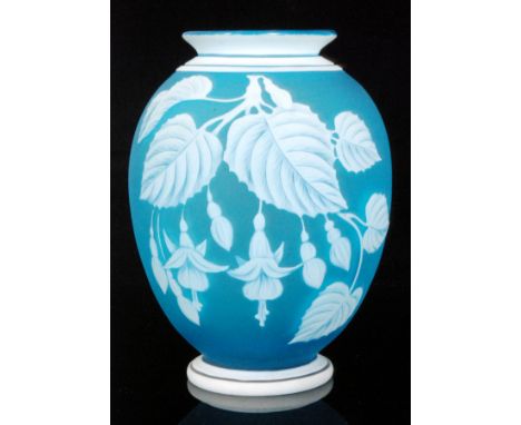 A late 19th Century Stevens & Williams cameo glass vase of footed ovoid form with flared collar neck, cased in opal over pale