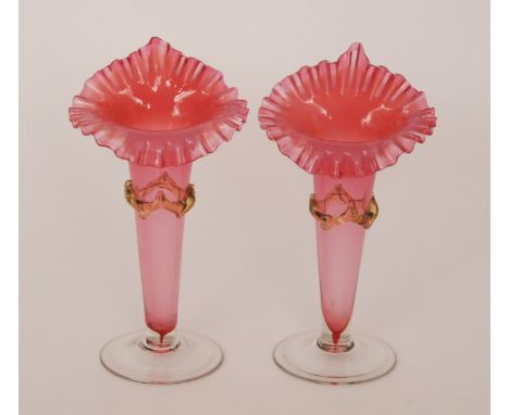 A pair of late 19th Century Stourbridge glass Jack in Pulpit vases, possibly Stevens & Williams, each with a circular spread 