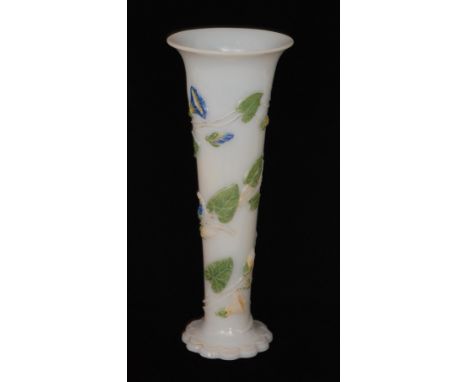 A 19th Century Baccarat vase of footed trumpet form, heavily relief moulded with spiraled flowering convolvulus, picked out i