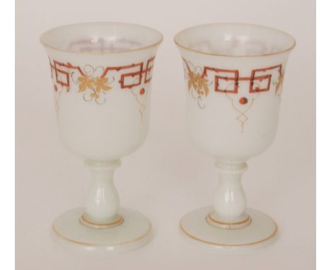 A pair of 19th Century opal goblets, possibly Richardsons, bell form bowl above a baluster form stem and circular spread foot