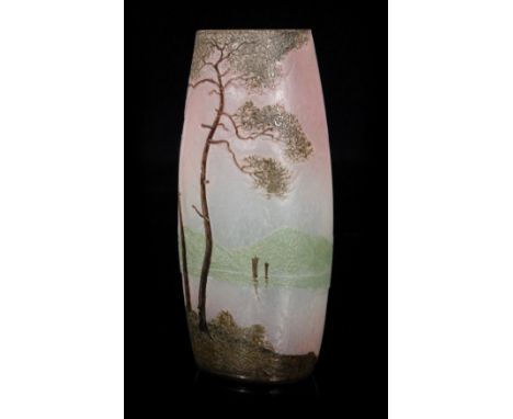 An early 20th Century Legras cameo glass vase of compressed sleeve form, self colour cased and cut with a stylised landscape 