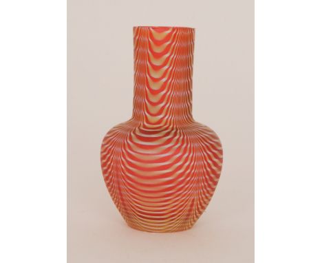 A late 19th Century Stevens & Williams vase of ovoid form with tall collar neck, decorated with a white and citron pull up ov