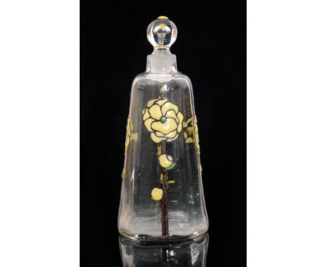 A 1920s Gabriel Argy-Rousseau scent bottle of fluted and tapered form with shallow collar neck and small spherical stopper, h