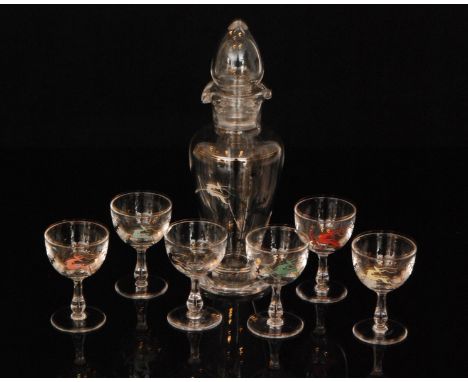 A 1930s Czechoslovakian Art Deco decanter set comprising shouldered ovoid shaker and six stem glasses, each hand enamelled wi