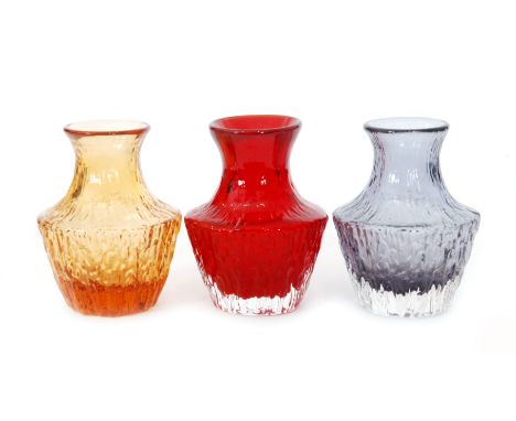 Three Geoffrey Baxter for Whitefriars Textured range Pot Bellied vases, pattern 9832 in Ruby, Lilac and Gold Amber, height 13