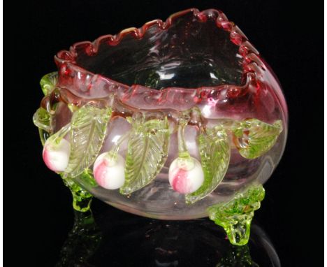 A late 19th Century Stourbridge glass posy bowl of tri form, decorated with an applied fruiting bough in green and citron and