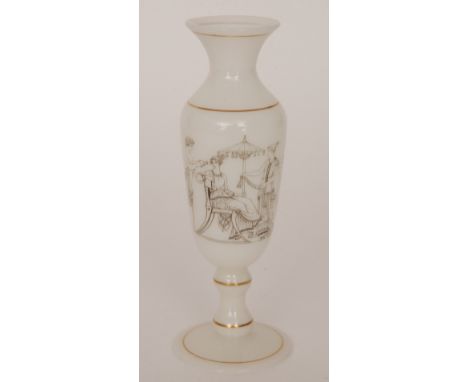 A 19th Century opal glass vase, possibly Bacchus, of slender footed form with a flared collar, vitrified enamel decorated in 