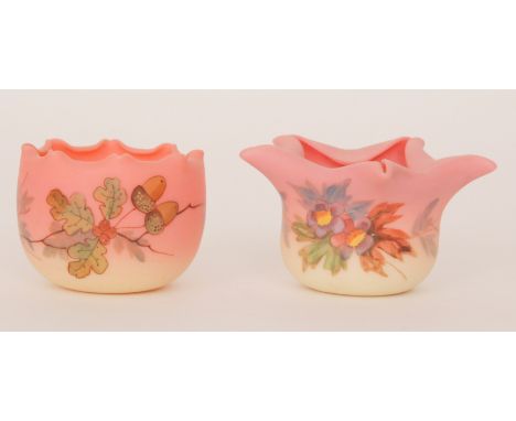 A small late 19th Century Thomas Webb &amp; Sons Queens Burmese posy bowl of circular form with a pulled rim, enamel decorate
