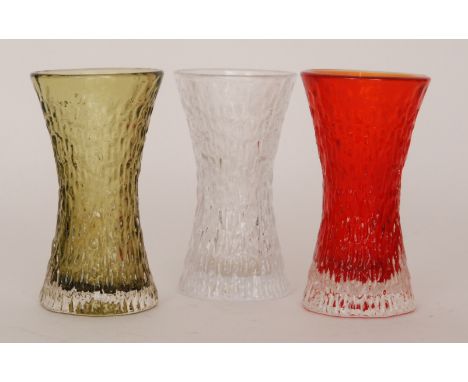 Three Geoffrey Baxter for Whitefriars Textured range Waisted vases, pattern 9836 in Ruby, Flint and Sage Green, height 15cm