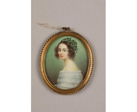 19th century portrait miniature on ivory Girl with Ivy Crown and ringlets, signed, in a gilt brass frame4.5cm x 3.5cm