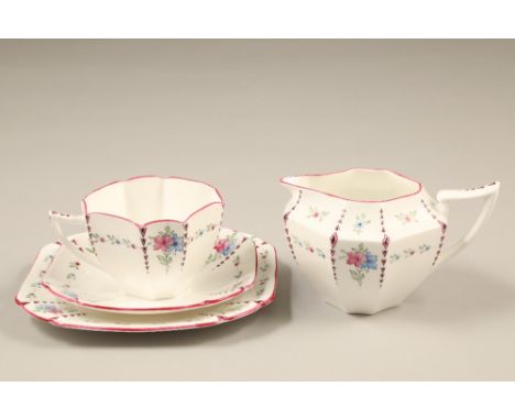 1920s Shelley Pink Blue Floral pattern six person tea set, pattern number 11654, comprising six Queen Anne shape cups, six sa