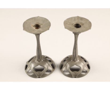 Pair of Art Noveau pewter candlesticks, marked Orivit, No2284Height 18cm