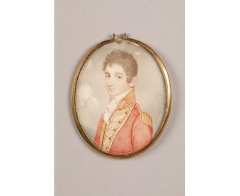 19th century portrait miniature on ivory, depicting an officer wearing a red jacket, in plain oval gilt frame 7.5cm x 6.5cmCO