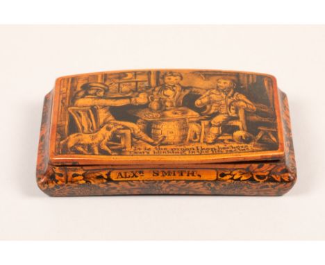 19th century Scottish sycamore Mauchline ware snuff box, wooden hinged cover decorated with interior scene, three men drinkin