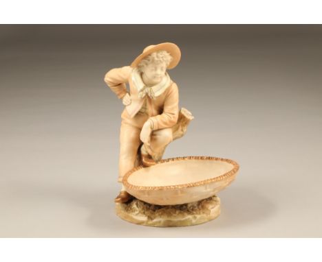 Royal Worcester figure, boy sitting on a tree trunk with a large basket at his feet, signed Hadley, date coded unclear 1880s,
