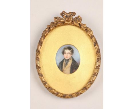 19th century portrait miniature on ivory, depicting a young gentleman, in a gilt gesso frame 12.5cm x 10cm