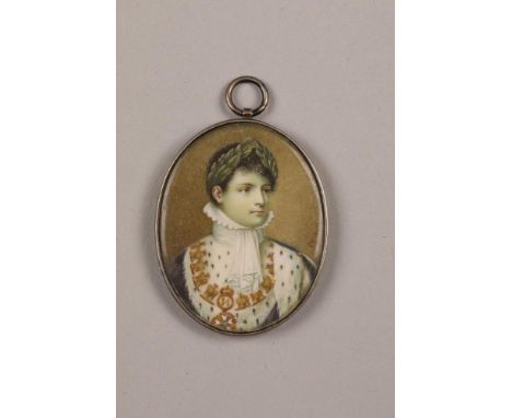 19th century, portrait miniature on ivory, possibly Napoleon, reverse with a black ink portrait bust of a lady within a flora