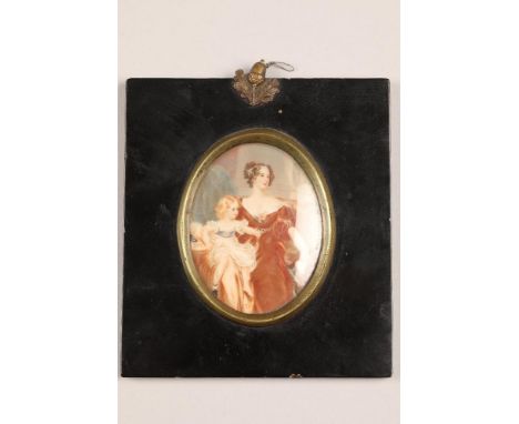 19th century portrait miniature on ivory, depicting mother and daughter, in a lacquered and brass frame 8cm x 6.5cm
