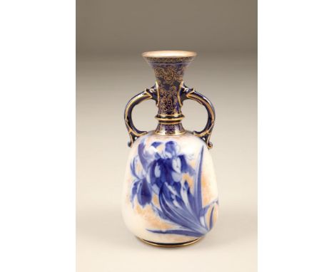 Royal Doulton Burslem handled vase, bottle shape with flared rim. Decorated with Iris and gilt. Stamp mark to base. R No 1285