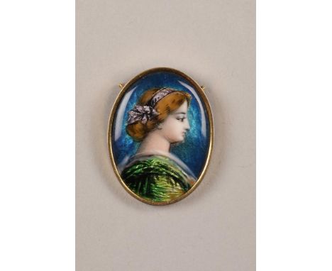 Jean – Baptiste Issanchou (French; 1875 – 1960) Classical Maiden, a gold framed Limoges enamel brooch, marked verso3cm x 2cm