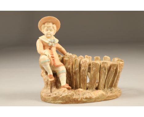 Royal Worcester figure, boy sitting on a tree stump at the edge of a wicket fence, signed Hadley, date coded 1888 Height 17.5