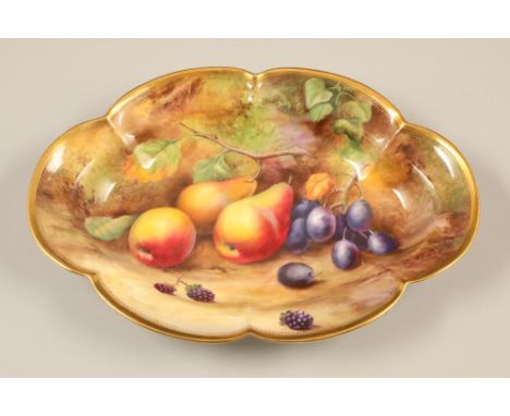 Pair Royal Worcester cake plates, oval form with waved, gilt rims individually hand painted with fallen fruit, both signed by