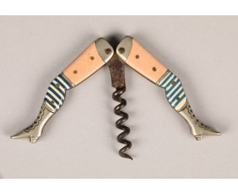 German novelty 'Lady's Legs' corkscrew, with flesh coloured thighs with white and blue striped stockings, Length 6.6cm 