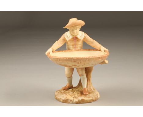 Royal Worcester figure, boy holding a large basket, signed Hadley, date coded 1886 Height 23cmCONDITION REPORTExcellent condi