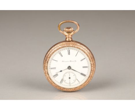 Gold plated pocket watch, by the Hampden watch company, white enamel dial with Roman numerals, hour markers with subsidiary d