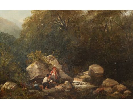 R Beavis Gilt framed oil on canvas, signed 'Young Anglers' 29cm x 39cm Two old labels verso indistinctly signed