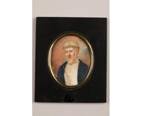Late 18th / early 19th century portrait miniature on ivory, depicting Jesus with crown of thorns holding possibly a Hummingbi