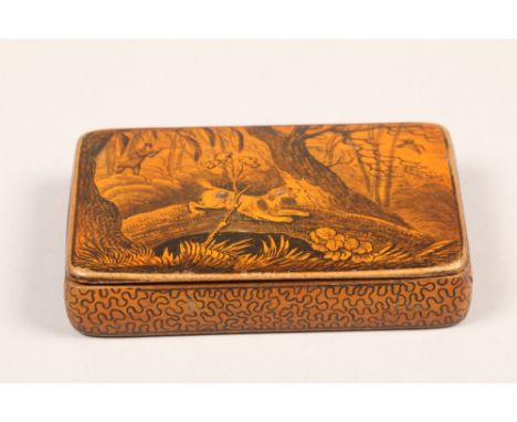 19th Century Scottish sycamore Mauchline ware snuff box, wooden hinged cover, decorated with a sporting scene shooting woodco
