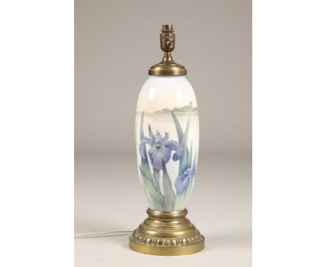 Large Royal Copenhagen table lamp, decorated with irises in a continuous landscape, supported on a circular metal baseHeight 