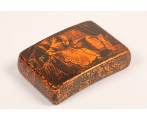 19th century Scottish sycamore Mauchline ware snuff box, wooden hinged cover decorated with an interior scene of a seated you