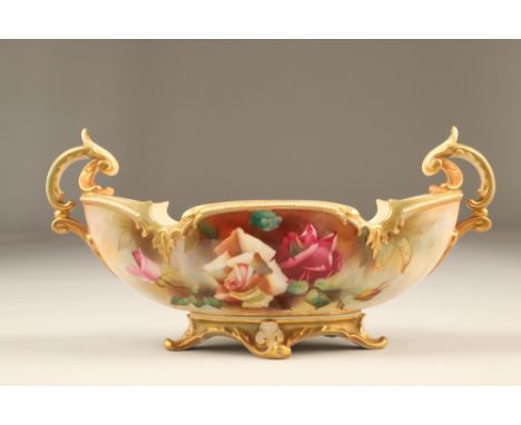 Royal Worcester centre bowl, acanthus scroll handles, decorated with handpainted pink roses, indistinctly signed, date coded 