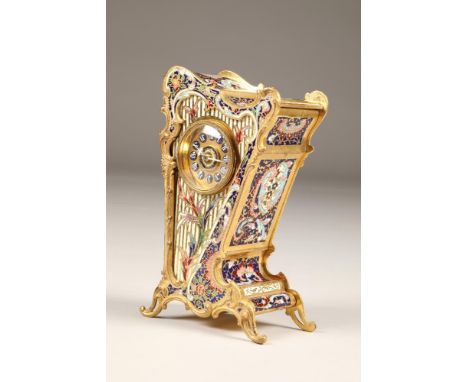 Late 19th century enamel and gilt brass harp shaped mantle clock, probably French, enamelled with floral decoration, the door