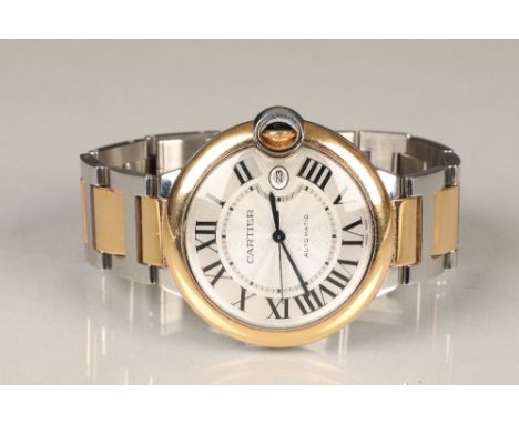 Gents Cartier Balloon Bleu 3896 automatic rose gold and stainless steel wristwatch, silver dial with date aperture, roman num