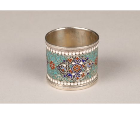 Early 20th century Russian silver and champlevé enamel napkin ring, makers mark worn, decorated with mainly blue and red flow