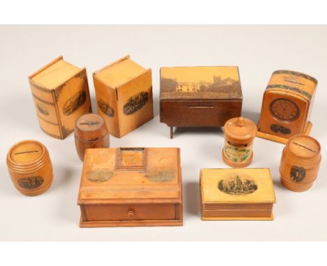 Ten assorted pieces of Scottish sycamore Mauchline ware, including six money boxes, two playing card boxes, thread box and a 