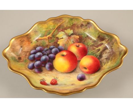 Pair Royal Worcester comports, oval form with waved gilt rims individually hand painted with fallen fruit, both signed by Loc