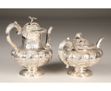 Four piece William IV silver tea service, melon form, embossed and chased floral decoration, with flower head finials, monogr