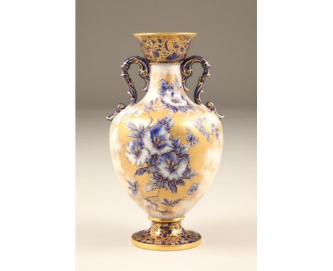 Carltonware double handled vase, baluster form, blue and white decorated with petunia flowers, gilt enrichments, Carlton ware