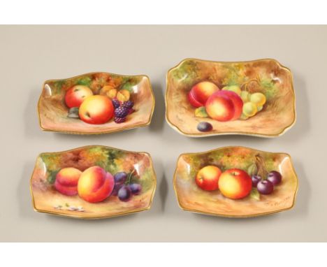 Set of three small Royal Worcester trinket dishes, and another similar, all individually hand painted with fallen fruit and s