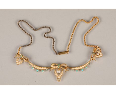 Edwardian unmarked gold necklace, set with pearl seed and small turquoise cabochonsCONDITION REPORTThe unmarked gold necklace
