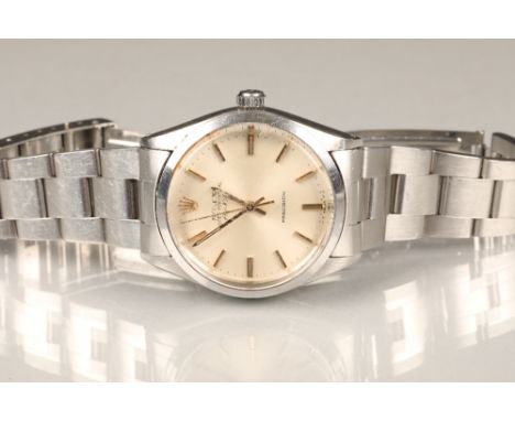 Gents Rolex Oyster perpetual air king stainless steel precision wristwatch, champagne dial with hour markers, on a stainless 
