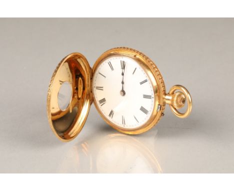 Ladies 18 carat gold half hunter pocket watch, engraved and chased case, circular white enamel dial with Roman numerals, No 6