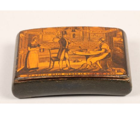 19th century Scottish sycamore Mauchline ware snuff box, wooden hinged cover decorated with an interior scene 'The Associatio