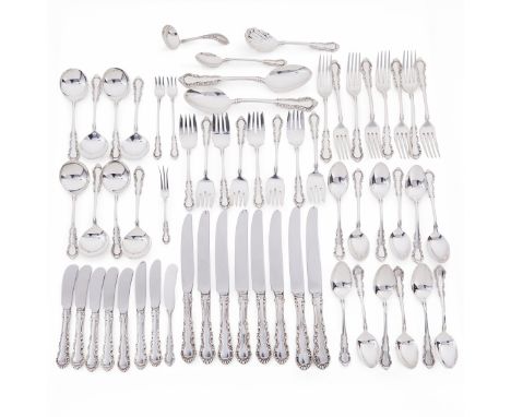 Set of Reed &amp; Barton sterling silver flatware in the Georgian Rose pattern. Set includes eight sterling handled dinner kn